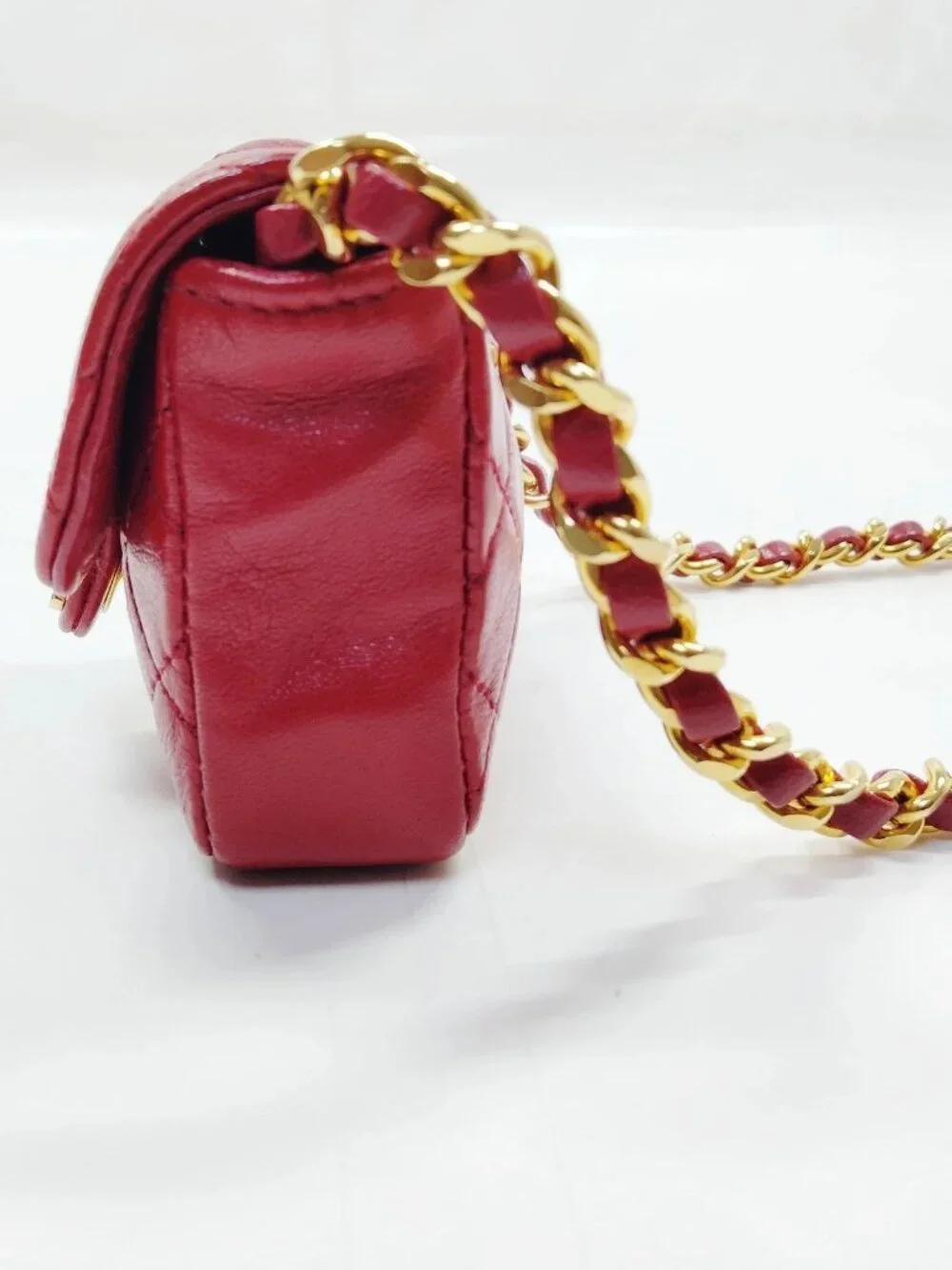 Authentic Chanel Mini Classic Flap Coin Purse Red Quilted Lambskin Chain Bag